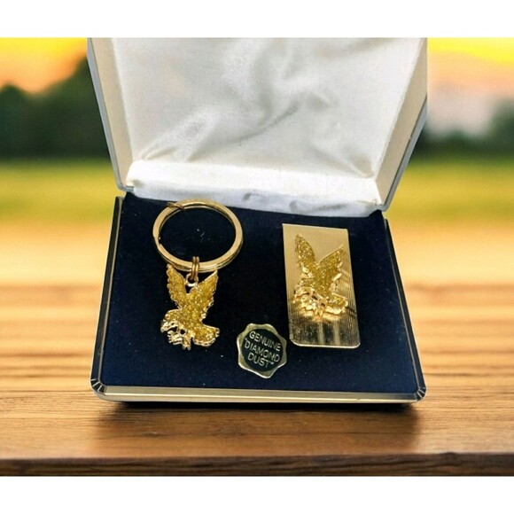 Marquis Genuine Diamond Dust Eagle Key Ring Matching Money Clip Gold Tone Metal - Picture 6 of 15